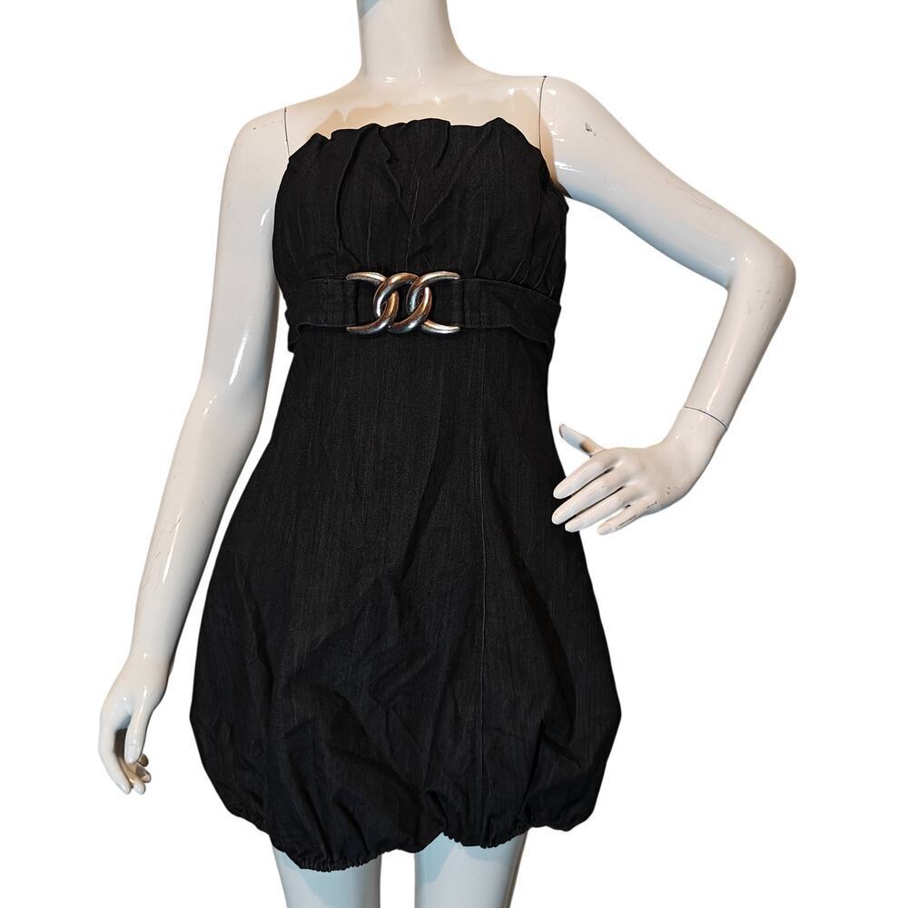 Encore Black Strapless Bubble Hem Dress Gold Chain Belt